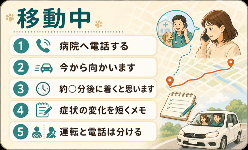 移動中。病院へ電話する。今から向かいます。約何分後に着くと思います。症状の変化を短くメモ。運転と電話は分ける。