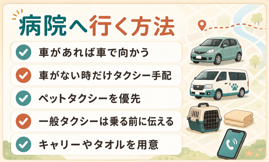 病院へ行く方法。車があれば車で向かう。車がない時だけタクシー手配。ペットタクシーを優先。一般タクシーは乗る前に伝える。キャリーやタオルを用意。