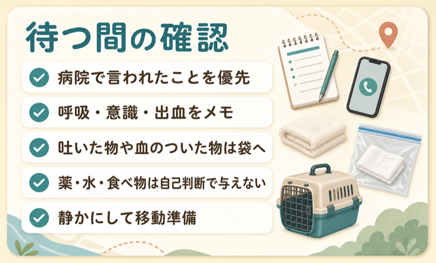 待つ間の確認。病院で言われたことを優先。呼吸・意識・出血をメモ。吐いた物や血のついた物は袋へ。薬・水・食べ物は自己判断で与えない。静かにして移動準備。